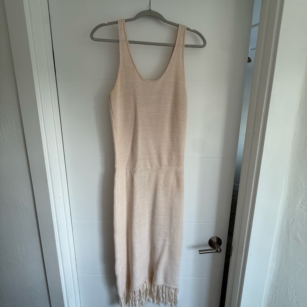 Sleeveless Cream Midi Knit Dress with Fringe Hem